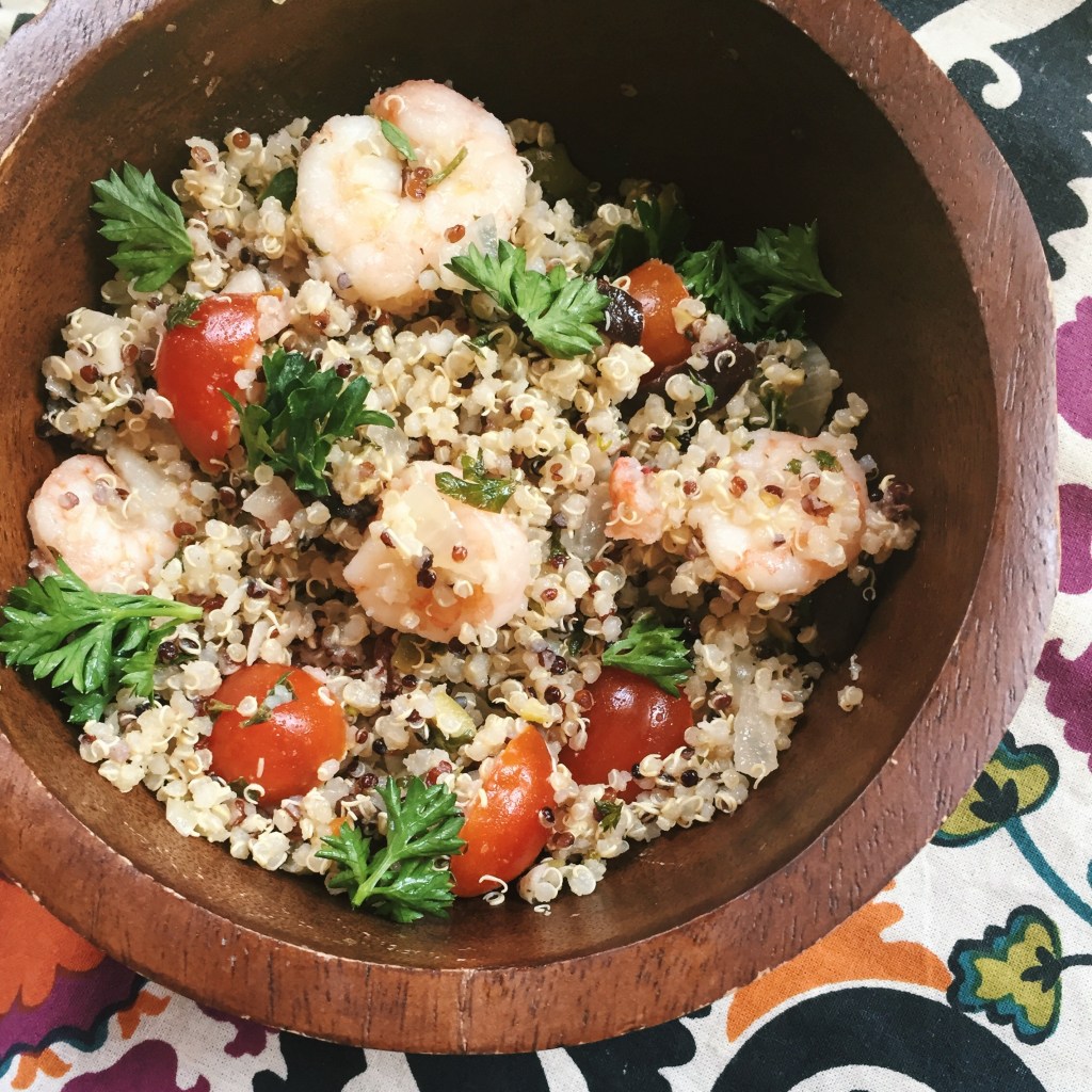 shrimp, quinoa, olive salad